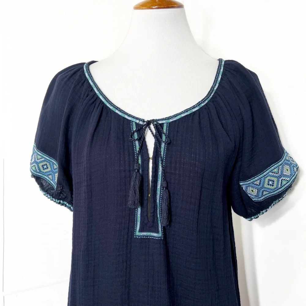 J. Crew Embroidered Tie Neck Navy Blue Short Sleeve Peasant Blouse